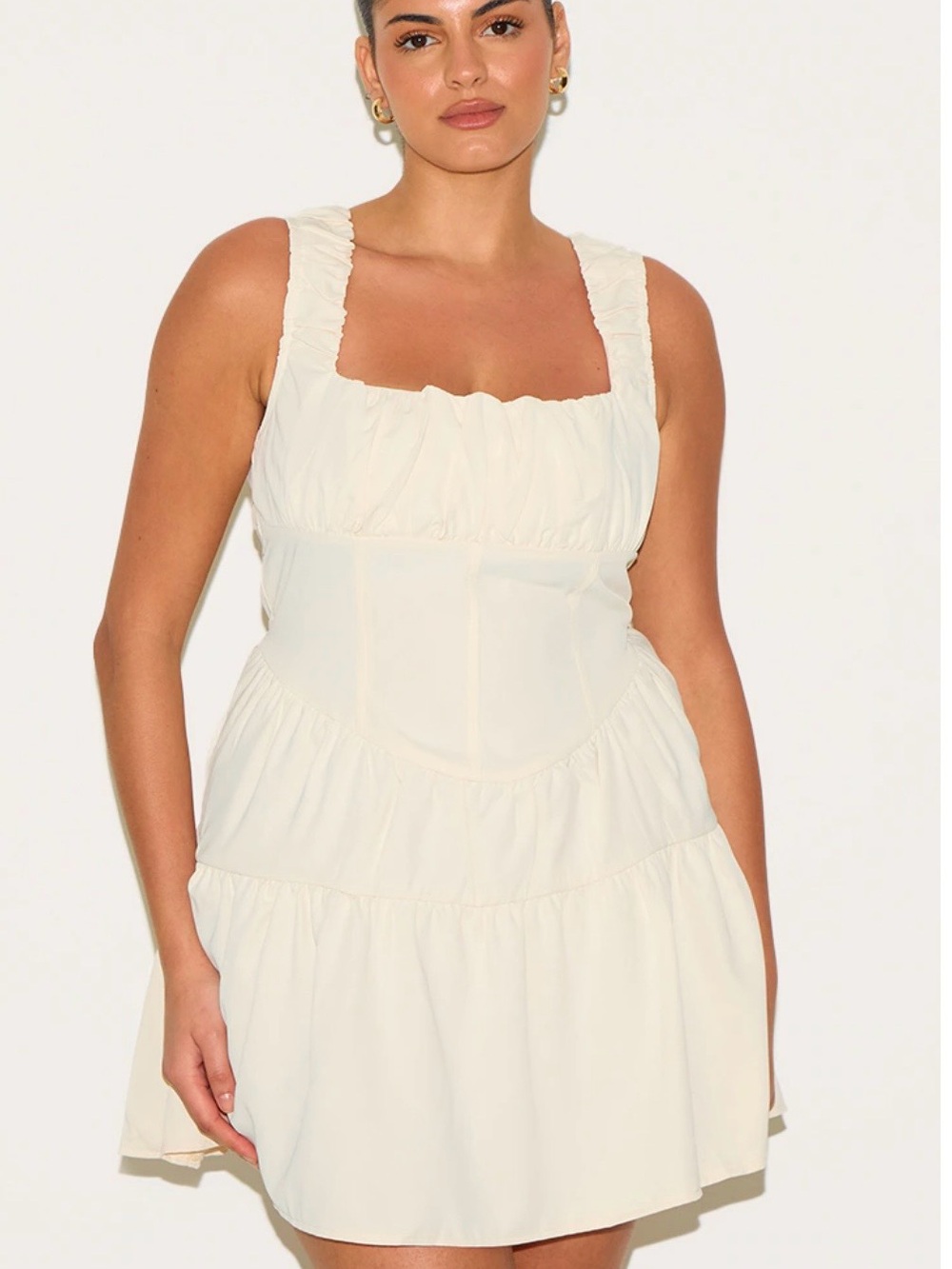 PrettyLittleThing Cream Ruched Square-Neck Slip Dress